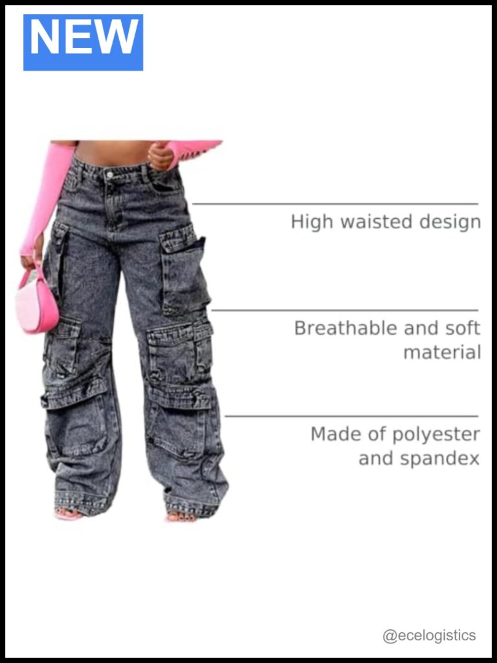 Women Baggy Cargo Jeans Y2k High Waisted Wide Leg Denim Pants - Picture 3 of 6